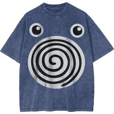 Moonstyle Collection Lacivert Yıkamalı Poliwag Pokemon Baskılı Unisex T-Shirt