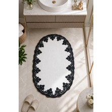 Teksev Beyaz Işlemeli Kaymaz Deri Tabanlı Oval Banyo Paspası Güpürlü Yıkanabilir Banyo Takımı Piera