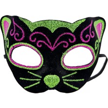 Hace Bazaar Siyah Kadife Kaplama Üzeri Pembe Yeşil Sim Işlemeli Kedi Maskesi 20X13 cm