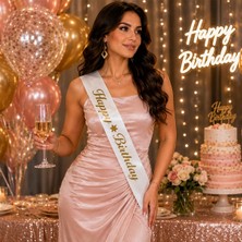 Parti Show Happy Birthday Yazılı Beyaz Üstüne Gold Yaldız Baskılı Kuşak