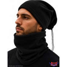 Axe Sportswear Unisex Siyah Kışlık Şapka Bere Olabilen Ipli Polar Boyunluk 2'li Set