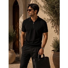 Adam & Eve Fashion Erkek Beyaz Siyah Yeşil Krem Fermuarlı Polo Yaka Kısa Kollu Dokulu Örme Tişört