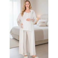 Lohussa Yeni Sezon Ekru Dantel Detaylı Kısa Kol Yazlık Hamile Lohusa Uzun Sabahlıklı Pijama Takımı 3'lü Set