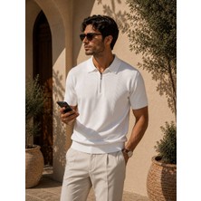 Adam & Eve Fashion Erkek Beyaz Siyah Yeşil Krem Fermuarlı Polo Yaka Kısa Kollu Dokulu Örme Tişört