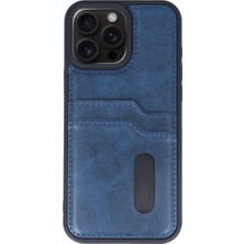 Bezos iPhone 15 Pro Max Kılıf Sara Kartvizitli Deri Kılıf - Lacivert