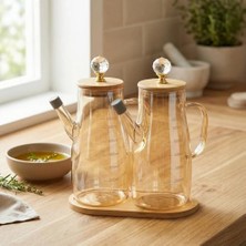 Alkar Store Bambu Standlı 2'li Borosilikat Cam Yağdanlık ve Sirkelik Seti - Ölçü Skalalı, Gold Detaylı Damlatmaz Yağlık