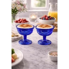 Alkar Store 2'li Ayaklı Kobalt Mavi Göz Desenli Cam Tatlı Kasesi - Dondurma, Magnolia Sunum Kadehi
