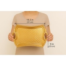 Alkar Store Osmanlı Motifli Dikdörtgen Metal Servis Tepsisi – Kulplu 2 Kişilik Sunum Tepsisi, 37 x 23 Cm, 373 G, Gold ve Gümüş Renk Seçeneği (Altın Sarısı)