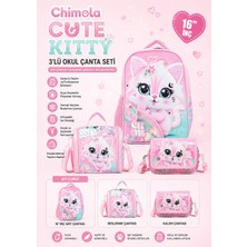 Chimola Cute Kitty 3'lü Okul Çanta Seti | 16" Sırt Çantası + Beslenme Çantası + Kalem Çantası