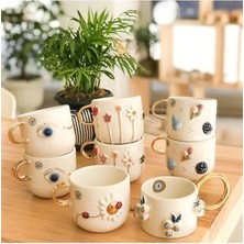 Alkar Store El Yapımı Bahar Çiçekleri Kabartmalı Kupa 24 Ayar Altın Dekorlu 300 ml Mug Spring Flower