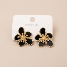 Jewelry Vıp Seri 316L Çelik Gold Renk Siyah Mineli ve Zirkon Taşlı Çiçek Motifli Küpe 3 cm