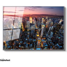 Tablofest Gümüş Renk Metal Çerçeveli Tamperli Cam Tablo New York Manhattan Şehir Manzarası Şehir Mimari Tablo Duvar Dekoru