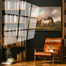 Tablofest Altın Renk Metal Çerçeveli Tamperli Cam Tablo George Stubbs Atlar Fırtınalı Bulut Manzarası Ressam Tablosu Duvar Dekoru