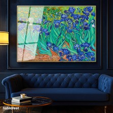 Tablofest Altın Renk Metal Çerçeveli Tamperli Cam Tablo Vincent van Gogh İris Çiçekleri Bahçe Mavi Ressam Tablosu Duvar Dekoru