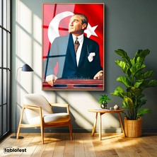 Tablofest Altın Renk Metal Çerçeveli Tamperli Cam Tablo Atatürk Ufka Bakış Atatürk Tablosu Duvar Dekoru