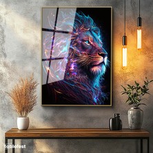 Tablofest Altın Renk Metal Çerçeveli Tamperli Cam Tablo Neon Çizgisel Aslan Tablosu Duvar Dekoru