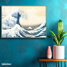 Tablofest Altın Renk Metal Çerçeveli Tamperli Cam Tablo Hokusai Büyük Dalga Kanagawa Fuji Dağı Ukiyo-e Ressam Tablosu Duvar Dekoru