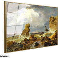Tablofest Altın Renk Metal Çerçeveli Tamperli Cam Tablo C.D. Friedrich Batık Gemi Fırtınalı Deniz Kayalık Ressam Tablosu Dekoru
