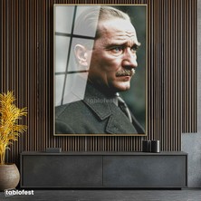 Tablofest Altın Renk Metal Çerçeveli Tamperli Cam Tablo Atatürk Asil Duruş Palto Atatürk Tablosu Duvar Dekoru