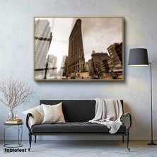 Tablofest Altın Renk Metal Çerçeveli Tamperli Cam Tablo New York Flatiron Binası Şehir Mimari Tablo Duvar Dekoru