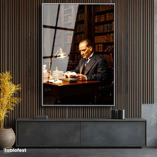 Tablofest Gümüş Renk Metal Çerçeveli Tamperli Cam Tablo Atatürk Kütüphane Kitap Okuma Atatürk Tablosu Duvar Dekoru