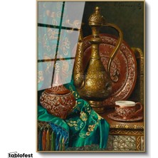 Tablofest Altın Renk Metal Çerçeveli Tamperli Cam Tablo Bakır İbrik Ve Kase Oryantalist Ressam Tablosu Duvar Dekoru