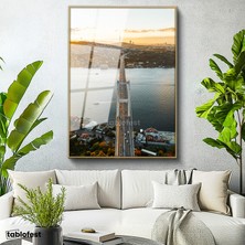 Tablofest Altın Renk Metal Çerçeveli Tamperli Cam Tablo İstanbul Boğaz Köprüsü ve Trafik Akışı Şehir Mimari Tablo Duvar Dekoru
