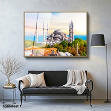 Tablofest Altın Renk Metal Çerçeveli Tamperli Cam Tablo Sultanahmet Camii ve Ağaçlar Şehir Mimari Tablo Duvar Dekoru