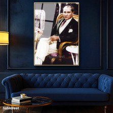 Tablofest Altın Renk Metal Çerçeveli Tamperli Cam Tablo Atatürk Hasır Koltuk Atatürk Tablosu Duvar Dekoru
