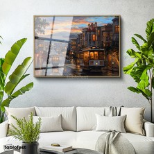 Tablofest Altın Renk Metal Çerçeveli Tamperli Cam Tablo San Francisco Tramvay Ve Yokuş Yol Şehir Ve Mimari Tablo Duvar Dekoru