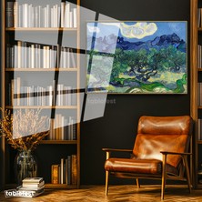Tablofest Altın Renk Metal Çerçeveli Tamperli Cam Tablo Van Gogh Zeytin Ağaçları Mavi Dağlar Bulutlu Ressam Tablosu Duvar Dekoru