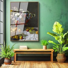 Tablofest Altın Renk Metal Çerçeveli Tamperli Cam Tablo Claude Monet Meyveler ve Çiçekler Sepetli Natürmort Ressam Tablosu Dekoru