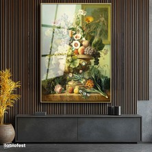 Tablofest Altın Renk Metal Çerçeveli Tamperli Cam Tablo Jan van Huysum Meyve ve Çiçekler Ananaslı Vazoda Ressam Tablosu Dekoru