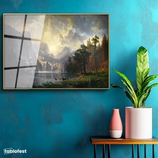 Tablofest Altın Renk Metal Çerçeveli Tamperli Cam Tablo Albert Bierstadt Yosemite Vadisi Şelale ve Göl Işık Ressam Tablosu Dekoru
