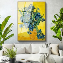 Tablofest Altın Renk Metal Çerçeveli Tamperli Cam Tablo Vincent van Gogh Mavi İrisler Sarı Fonlu Vazo Ressam Tablosu Dekoru