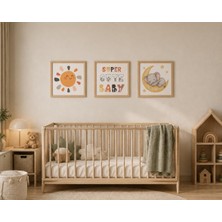 Nes Baby Home 3’lü Bebek Odası Tablo Seti | Gri, Beyaz & Natürel Ahşap Çerçeve Seçenekli | Güneş, Ay ve Super Cute Baby Temalı Duvar Tablosu