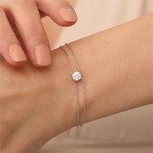 Nox Jewelry 925 Ayar Gümüş Çift Zincirli Tektaş Zirkon Bileklik - CBS00102
