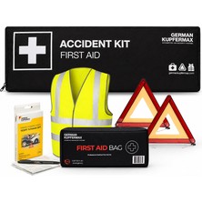 German Kupfermax Accident Kit: Araç Acil Durum ve Kaza Seti, E Belgeli 2 Reflektör, Reflektörlü Yelek, 20 Parça Ilk Yardım Çantası ve Kaza Tespit Tutanağı Seti