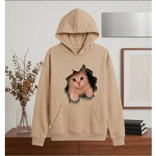 Enb1r Moda 3D Yırtık Efektli Sevimli Kedi Baskılı Yarım Oversize Kapüşonlu Kanguru Cepli Unisex Sweatshirt Hoodie