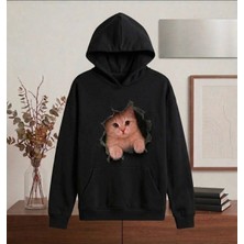Enb1r Moda 3D Yırtık Efektli Sevimli Kedi Baskılı Yarım Oversize Kapüşonlu Kanguru Cepli Unisex Sweatshirt Hoodie