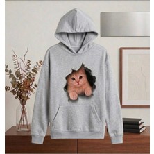 Enb1r Moda 3D Yırtık Efektli Sevimli Kedi Baskılı Yarım Oversize Kapüşonlu Kanguru Cepli Unisex Sweatshirt Hoodie
