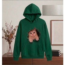 Enb1r Moda 3D Yırtık Efektli Sevimli Kedi Baskılı Yarım Oversize Kapüşonlu Kanguru Cepli Unisex Sweatshirt Hoodie