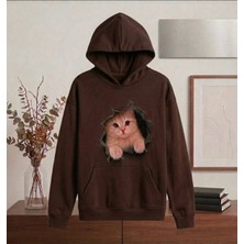 Enb1r Moda 3D Yırtık Efektli Sevimli Kedi Baskılı Yarım Oversize Kapüşonlu Kanguru Cepli Unisex Sweatshirt Hoodie