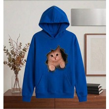 Enb1r Moda 3D Yırtık Efektli Sevimli Kedi Baskılı Yarım Oversize Kapüşonlu Kanguru Cepli Unisex Sweatshirt Hoodie