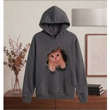 Enb1r Moda 3D Yırtık Efektli Sevimli Kedi Baskılı Yarım Oversize Kapüşonlu Kanguru Cepli Unisex Sweatshirt Hoodie