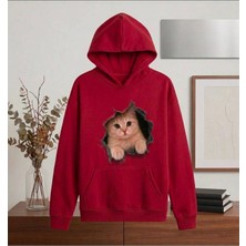 Enb1r Moda 3D Yırtık Efektli Sevimli Kedi Baskılı Yarım Oversize Kapüşonlu Kanguru Cepli Unisex Sweatshirt Hoodie