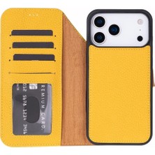 Apple iPhone 17 Pro Için, Hakiki Deri, El Yapımı Cüzdanlı Kılıf, Magsafe ile Uyumlu, Iç Yüzeyi Kadife, Limon Sarı