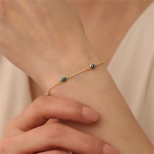 Nox Jewelry 14 Ayar Altın Kaplama Mavi Nazar Boncuklu Zincir Gümüş Bileklik