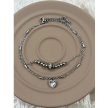 Fm 💎 Premium Parlak Gümüş Çift Zincirli Şık Kalp Detaylı 316L Çelik Kadın Halhal (25cm)
