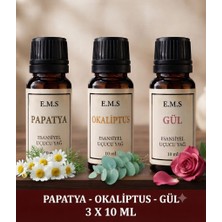 E.M.S PAPATYA - OKALİPTUS - GÜL  Esansiyel Uçucu Yağ Buhurdanlık Yağı Difüzör Esansı Oda Kokusu Esansı MUM ESANSI  3 X 10 ML.